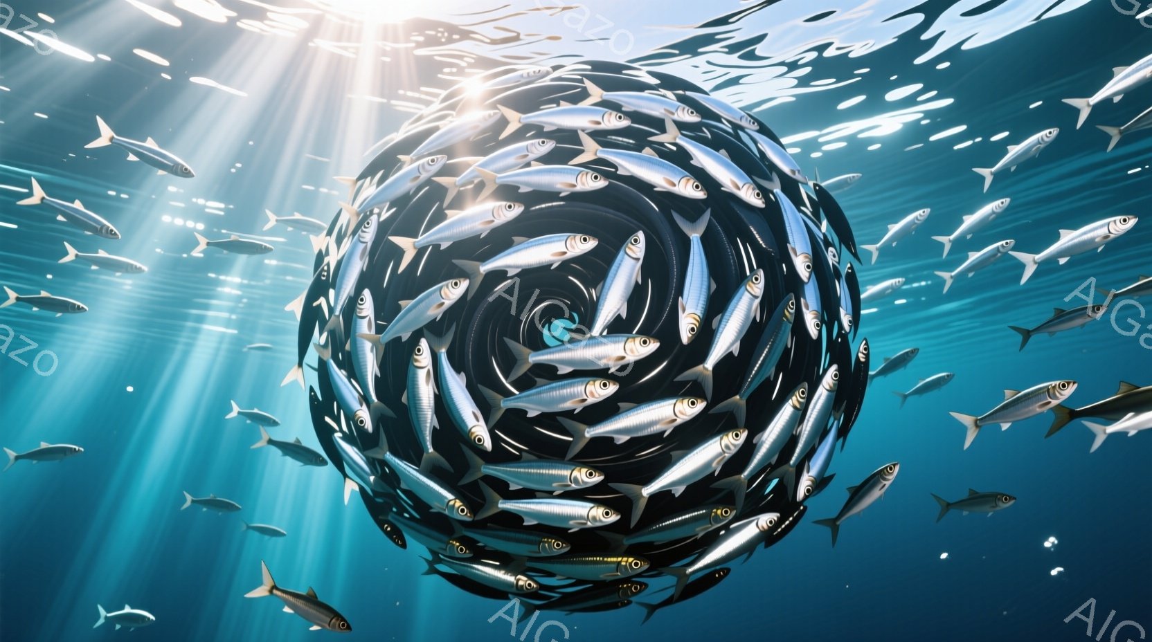 渦巻状に集まった大量の魚群を描いています。光線が水面から差し込み、水中の青い世界を照らし出しており、魚たちは銀色に輝きながら、まるで一つの生き物のように回転しています。全体的に、自然の神秘と生命の躍動感が伝わる、幻想的な雰囲気です。