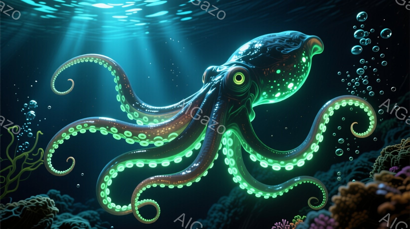深い青色の海中に、発光する緑色の斑点を持つタコが描かれている。タコの体は丸みを帯びており、触手は優雅に曲がりくねり、まるで生きている光の糸のようである。背景には、暗い海藻やサンゴ礁がぼんやりと見え、神秘的で幻想的な雰囲気を醸し出している。