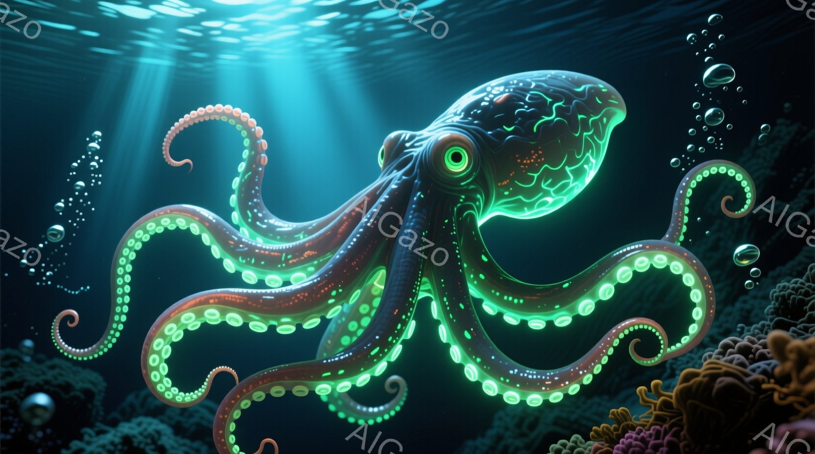 鮮やかなターコイズブルーの水中に、発光するタコが描かれている。その体は半透明で、内部に複雑な血管のような模様が光り、触手には鮮やかな緑色の光が走っている。背景には、カラフルなサンゴ礁がぼんやりと見え、水中に漂う無数の泡が幻想的な雰囲気を醸し出している。