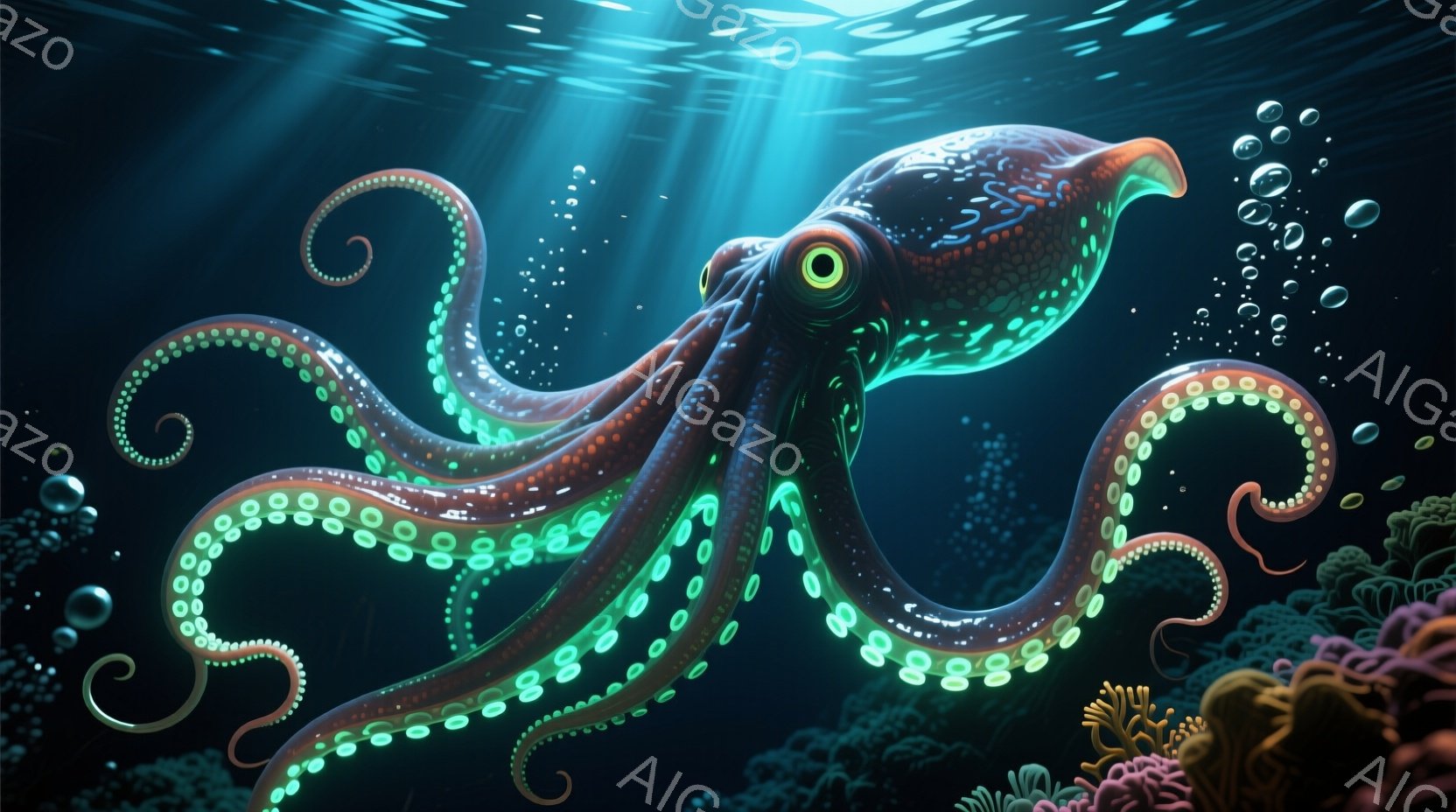 深い青色の海中で、蛍光色の緑色の斑点を持つタコが描かれています。そのタコは触手を大きく広げ、まるで踊っているかのようなポーズをとっています。背景には珊瑚礁が広がり、水面からは光が差し込み、幻想的な雰囲気を作り出しています。