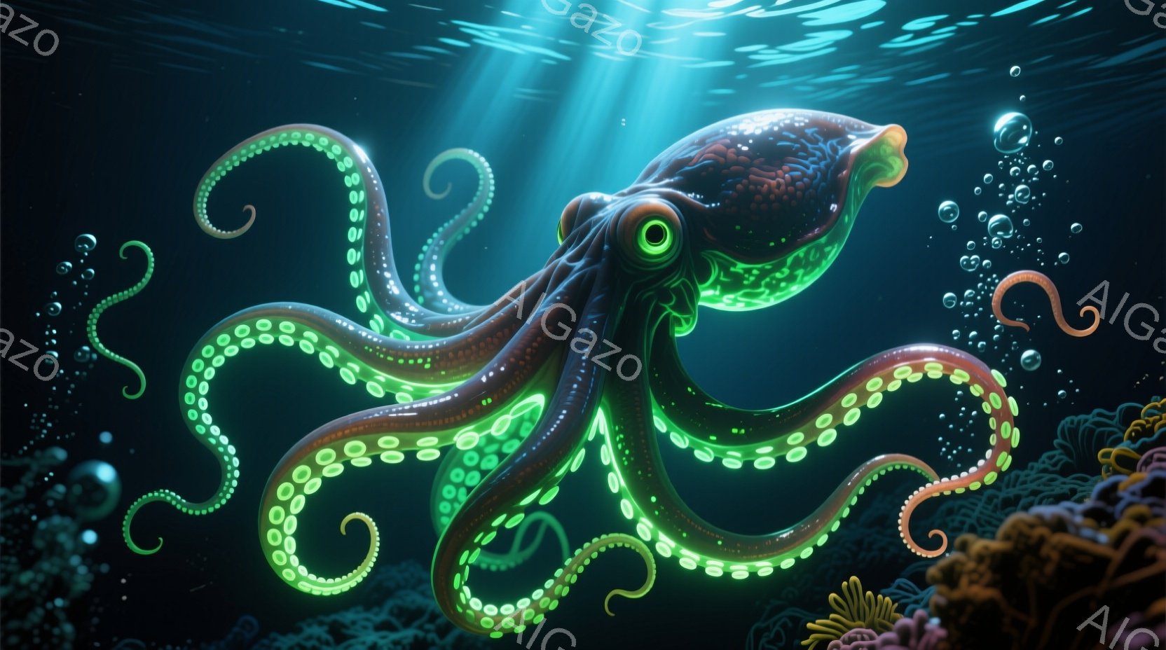 蛍光色の緑色の光を放つタコの鮮やかな水中写真です。タコはねじれた姿勢で、触手が複雑に絡み合い、まるで生きている光の模様のようです。背景には、カラフルなサンゴ礁と水中の光線が差し込み、神秘的で幻想的な雰囲気を醸し出しています。