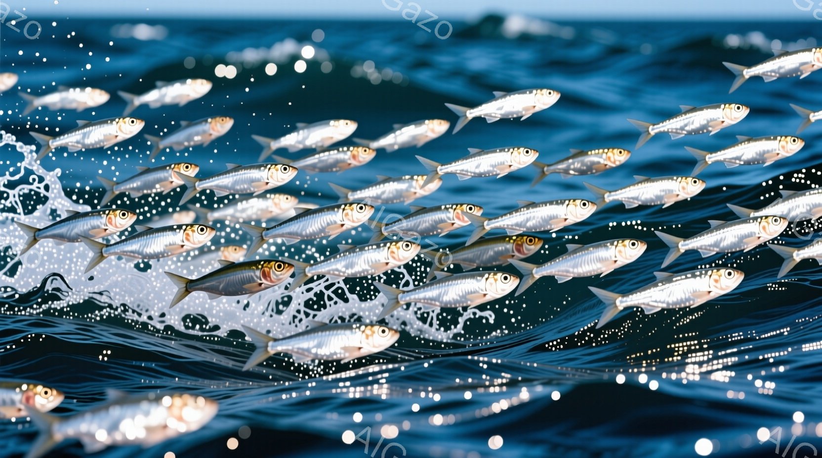 多数のイワシが群れをなし、波間を高速で泳いでいる様子が捉えられています。光が水面で反射し、キラキラと輝き、躍動感あふれるシーンを演出しています。紺碧の海と白い波しぶきが、イワシの銀色の体を一層際立たせています。