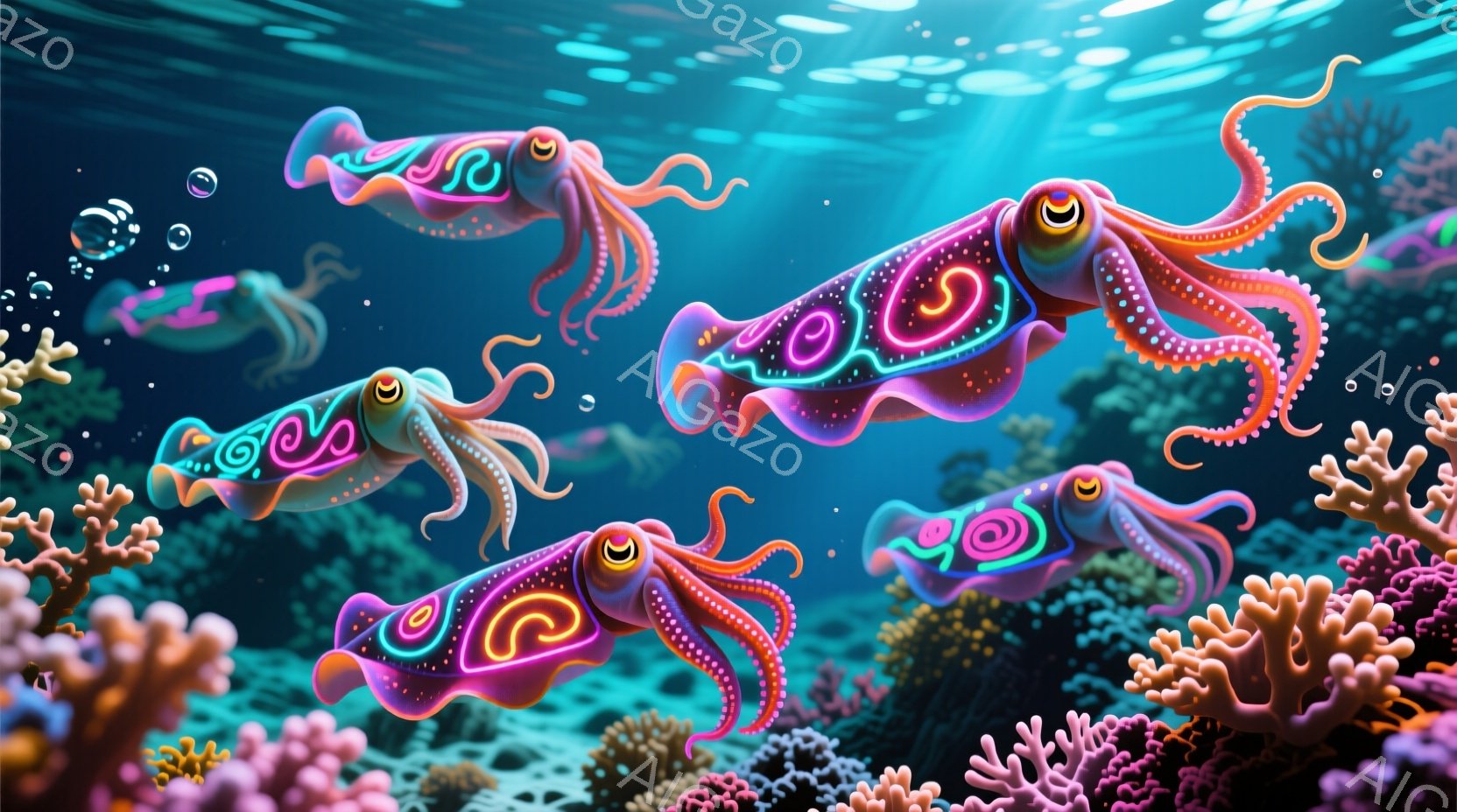 明るい水中に、蛍光ピンクと紫色の模様が特徴的なタコが複数描かれています。彼らは優雅に体をねじらせながら、浮遊し、まるで水中を踊っているかのようです。背景には、カラフルなサンゴ礁が広がり、水中に漂う泡が幻想的な雰囲気を醸し出しています。