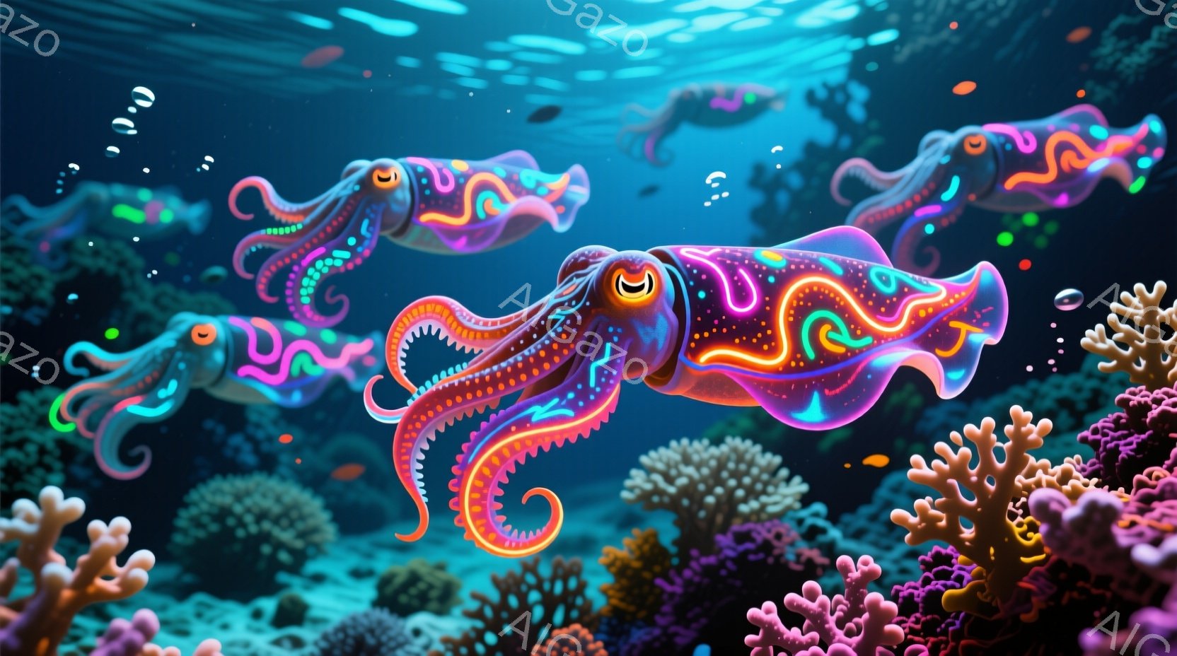 鮮やかなピンクとオレンジ色の発光するタコが、深い青い海の中で漂っている。タコは複雑な模様を持ち、まるでネオンサインのように光を放ち、優雅な曲線を描きながら、まるで夢の中を漂っているようだ。背景には、様 - AI生成フリー素材