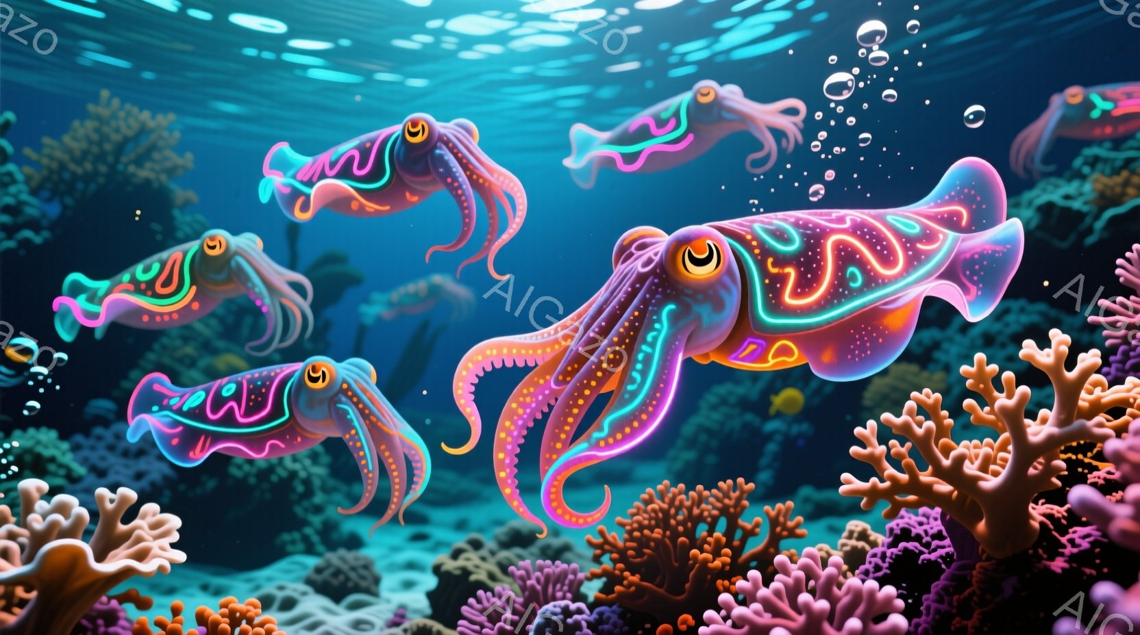 鮮やかなピンクと紫色の発光するタコが、水中で様々な方向に泳いでいる。背景には、オレンジ色やピンク色のサンゴ礁が広がり、水中に漂う小さな泡が光を反射している。全体的に、幻想的で神秘的な深海の雰囲気が漂っ - AI生成フリー素材