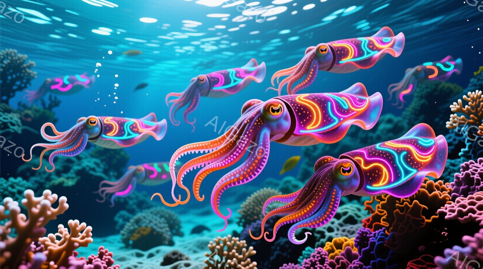 鮮やかな色彩のイカが、珊瑚礁の間を優雅に泳いでいる様子が描かれています。イカの体は、ピンクと紫、そして青色のネオンライトのような光で縁取られ、まるで未来的な装飾を施したようであり、その表情はどこか神秘的です。背景には、多様な色の珊瑚が密集し、水中に幻想的な光が差し込み、まるで海底都市のような雰囲気を醸し出しています。