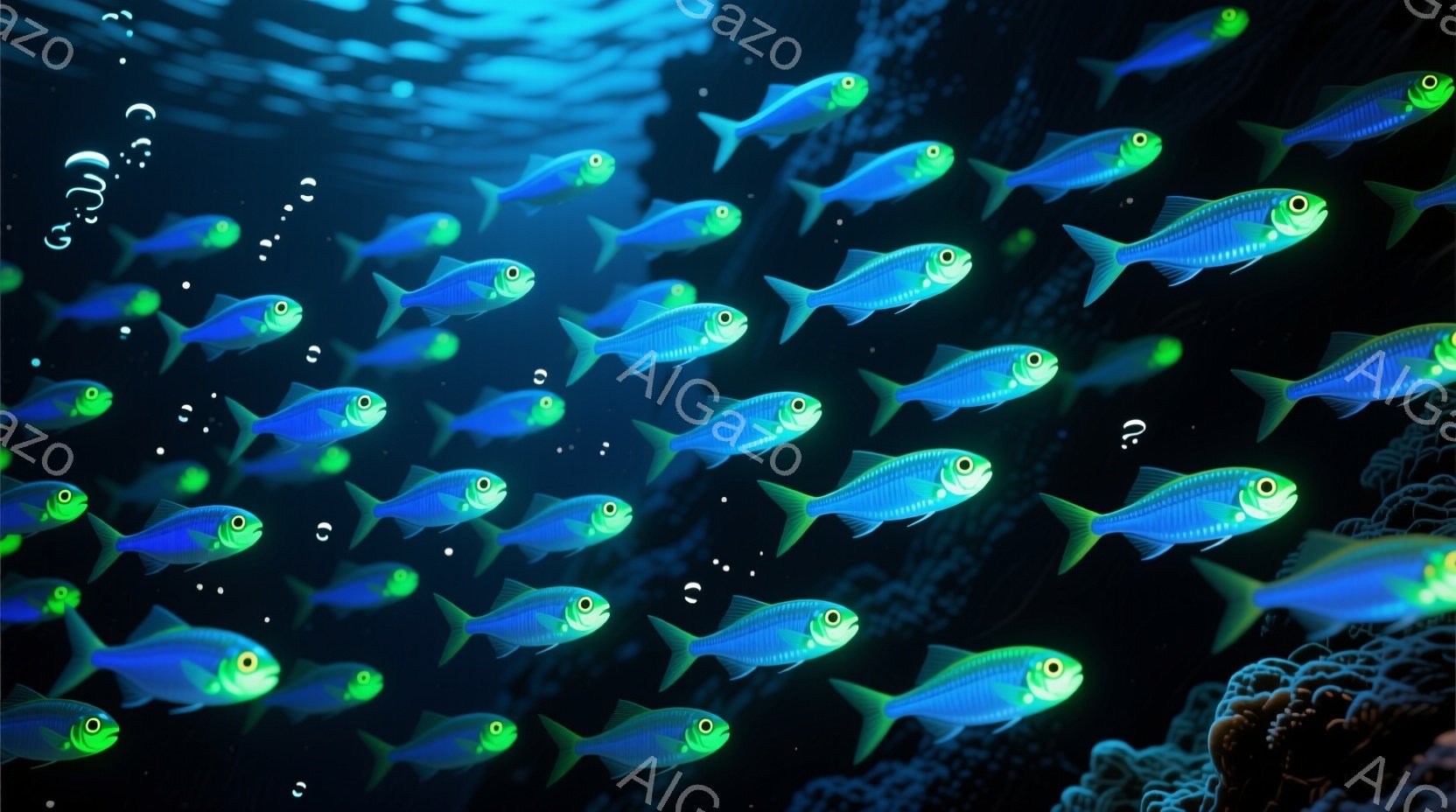 青い魚が群れをなし、暗い海の背景を泳いでいる。明るい緑色の小さな光点が散りばめられ、水中に漂う泡がアクセントになっている。背景にはサンゴ礁が確認でき、神秘的で幻想的な深海の世界を表現している。