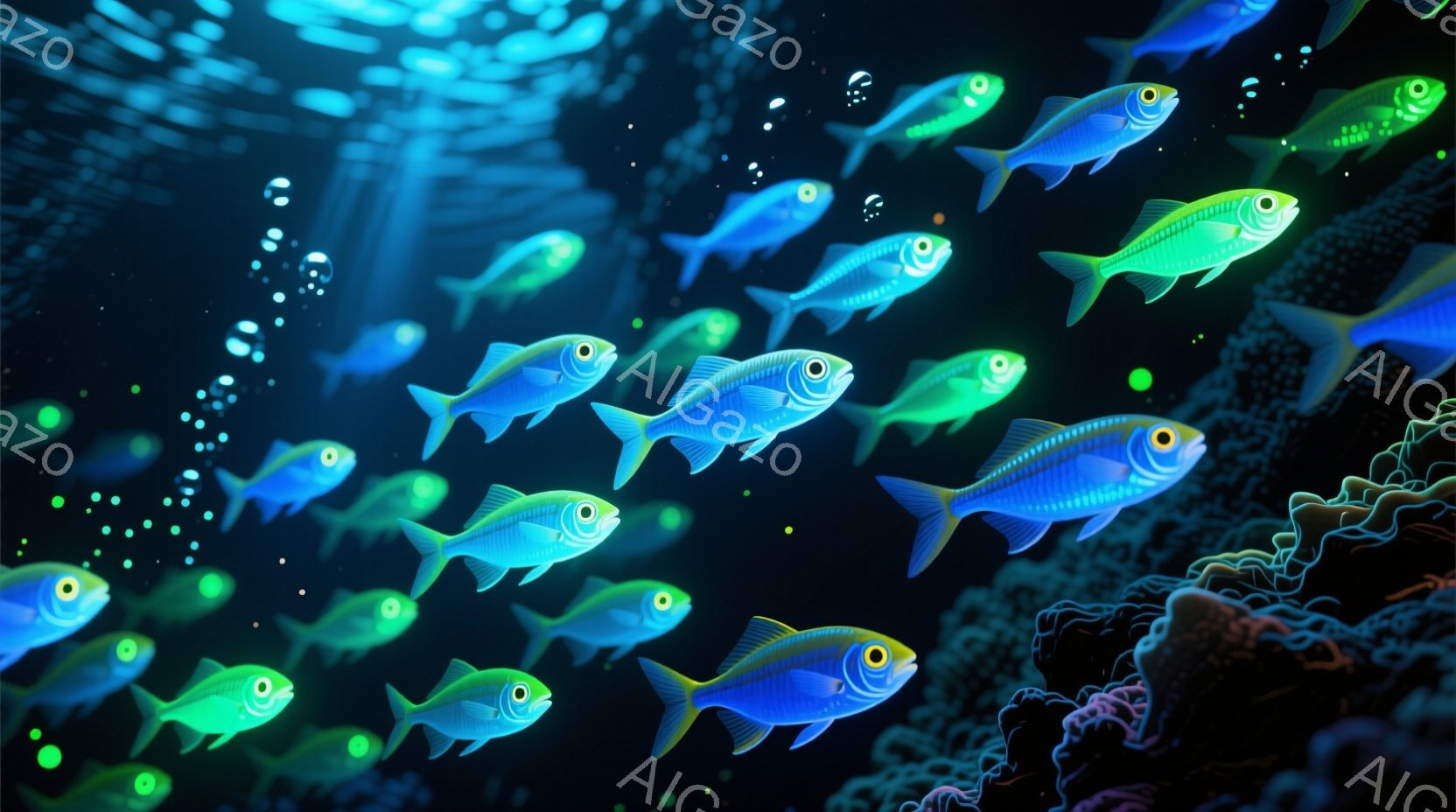 鮮やかな青と緑色の魚群が、暗い深海を群れで泳いでいる様子が描かれています。背景には、赤やオレンジ色の珊瑚礁がわずかに見え、水中に漂う小さな泡が深海の雰囲気を強調しています。全体的に神秘的で幻想的な、水中世界の美しい光景が表現されています。