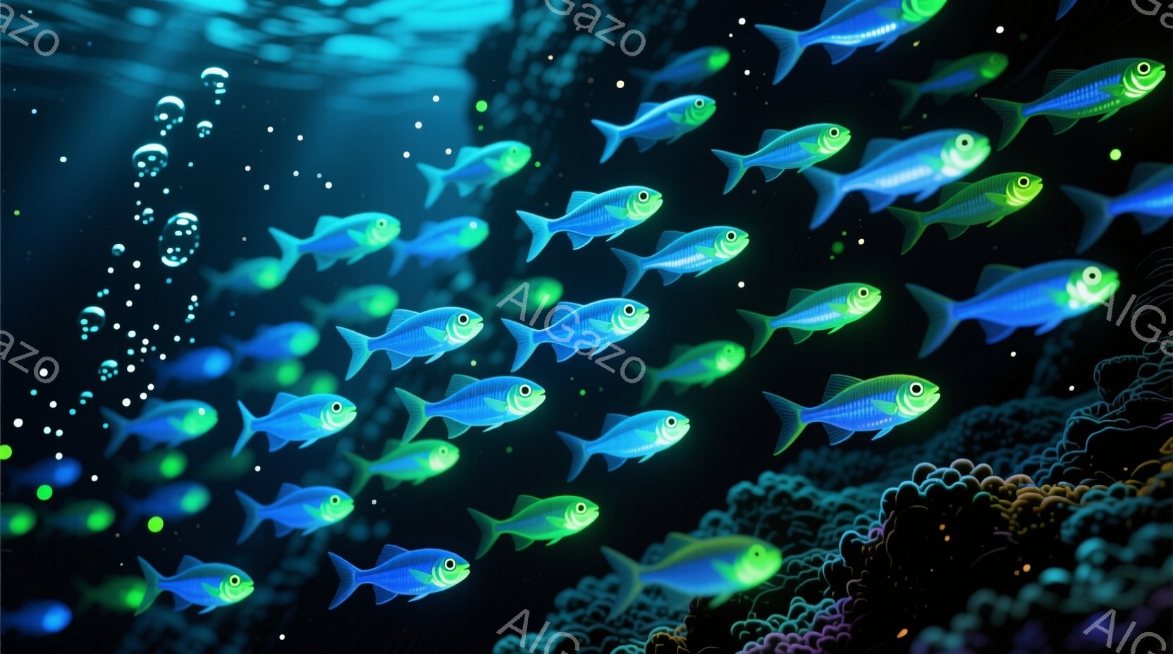 暗い海中に、青く光る魚群が多数泳いでいる様子が描かれている。背景には、カラフルなサンゴ礁が広がり、水中に漂う小さな泡がアクセントになっている。全体的に幻想的で神秘的な雰囲気が漂い、深海の静寂と生命の躍動が感じられる。