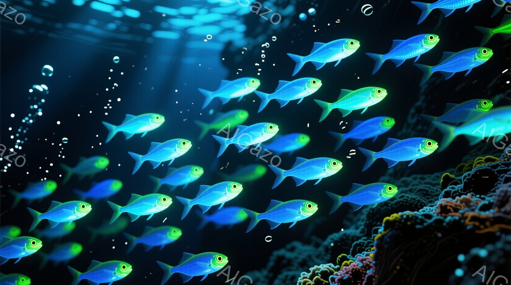 鮮やかな水色の魚の群れが写っており、その体は光を反射して輝いている。背景には、ピンクとオレンジ色のサンゴ礁が広がり、水中に漂う泡が幻想的な雰囲気を醸し出している。全体的に、深海の世界の神秘的な美しさを表現した、鮮やかで生き生きとしたイメージである。