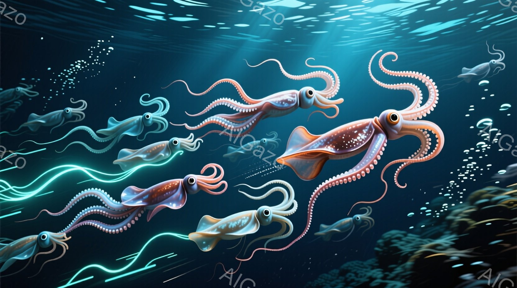深い青色の海中に、多数のイカが漂っている様子が描かれている。イカたちはオレンジ色と白のコントラストが美しく、触手が長く伸び、優雅に泳いでいるように見える。背景には、ぼんやりとした光の線や泡が漂い、神秘的な深海の世界を表現している。