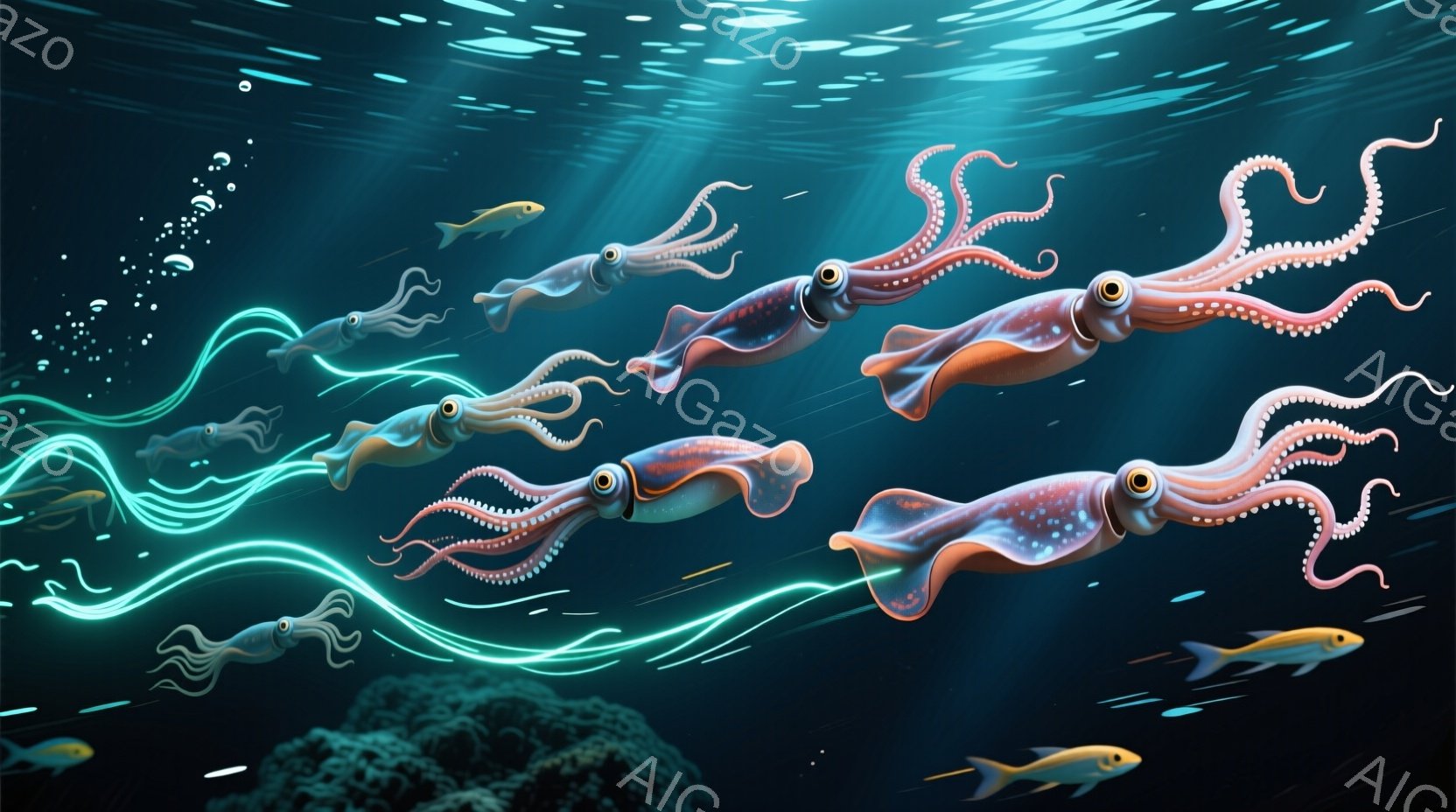 深い青色の海中に、多数の赤いイカが浮遊している様子が描かれています。イカは触手を伸ばし、まるでダンスをしているかのように優雅に姿勢を保っています。背景には暗い岩礁と、光が差し込む水面、そして小さな魚が点在しており、神秘的な雰囲気を醸し出しています。