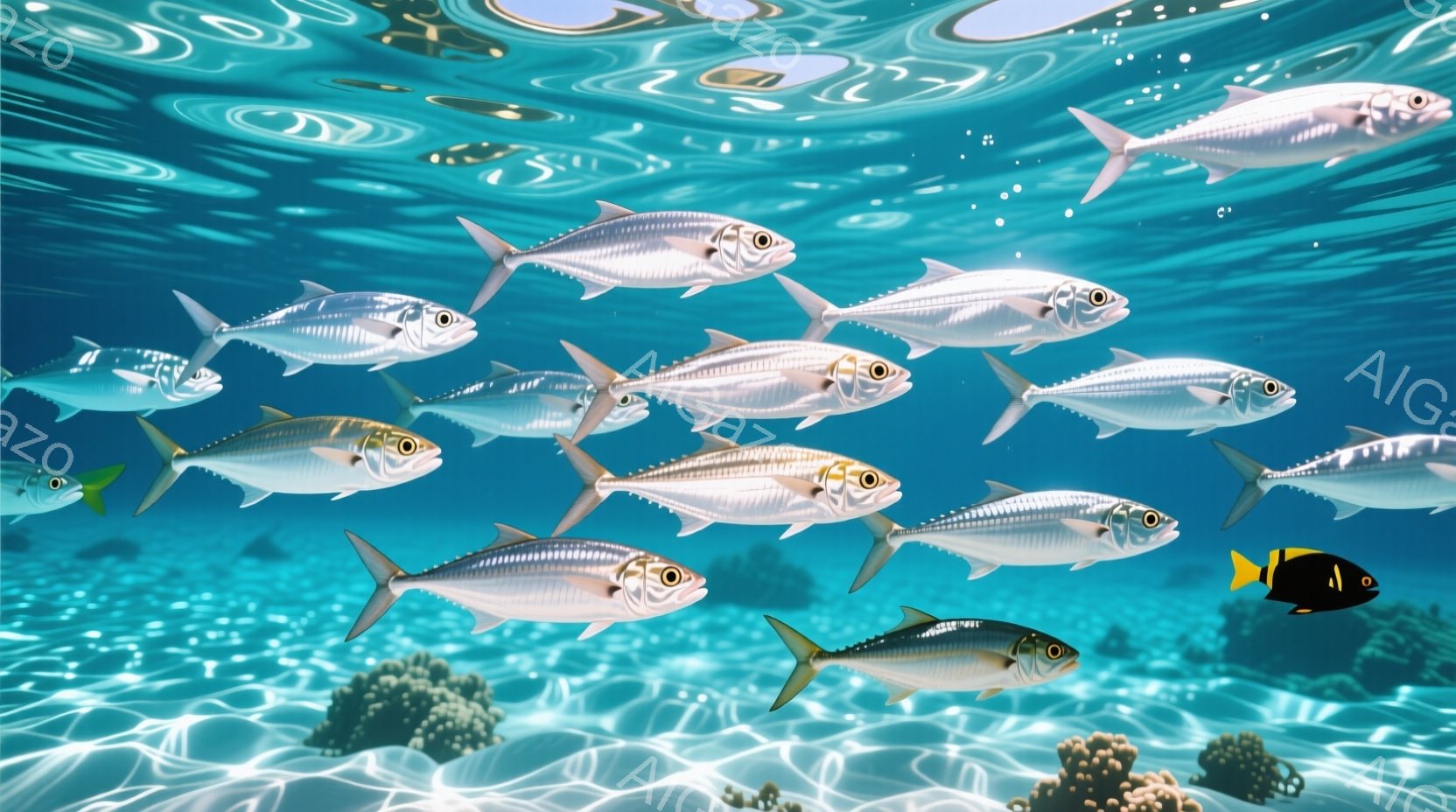 透き通った青い海中で、群れをなして泳ぐアジの群れが写っています。太陽光が水面から差し込み、水中の波紋を作り出し、活気のある水中世界を描き出しています。背景にはサンゴ礁がわずかに見え、生き生きとした海洋生態系を暗示しています。