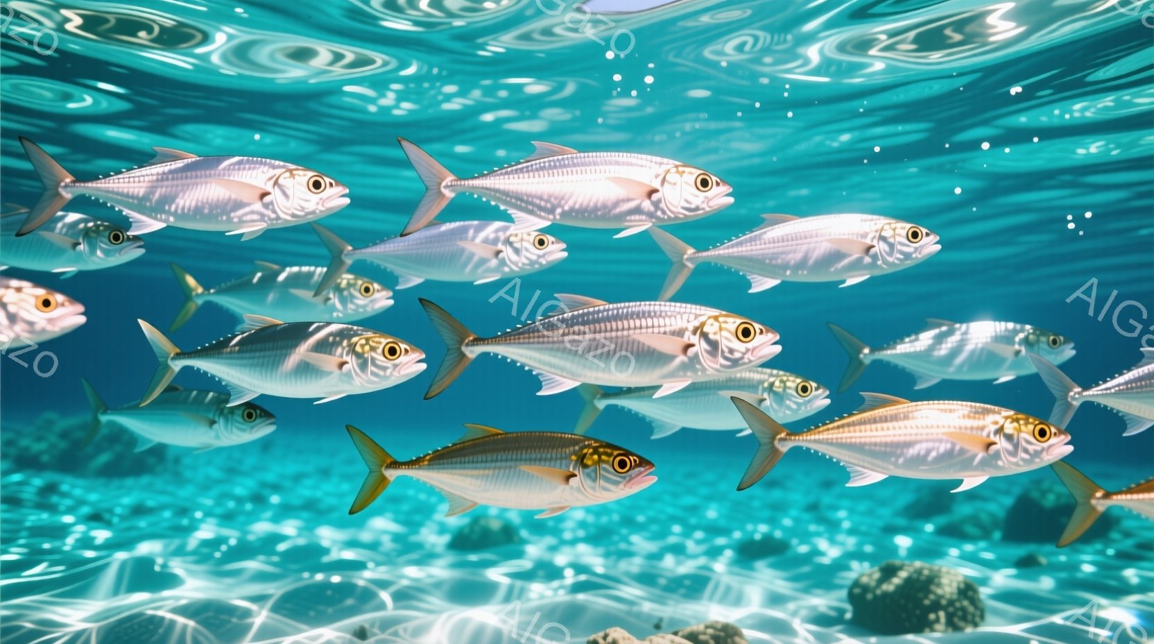 鮮やかな青色の水中には、多くの細長い銀色の魚が群れをなして泳いでいる。魚たちは皆同じ方向を向いており、その体は光を反射して輝いている。水面には光の筋が差し込み、海底には岩が点在しており、静かで穏やかな雰囲気を醸し出している。