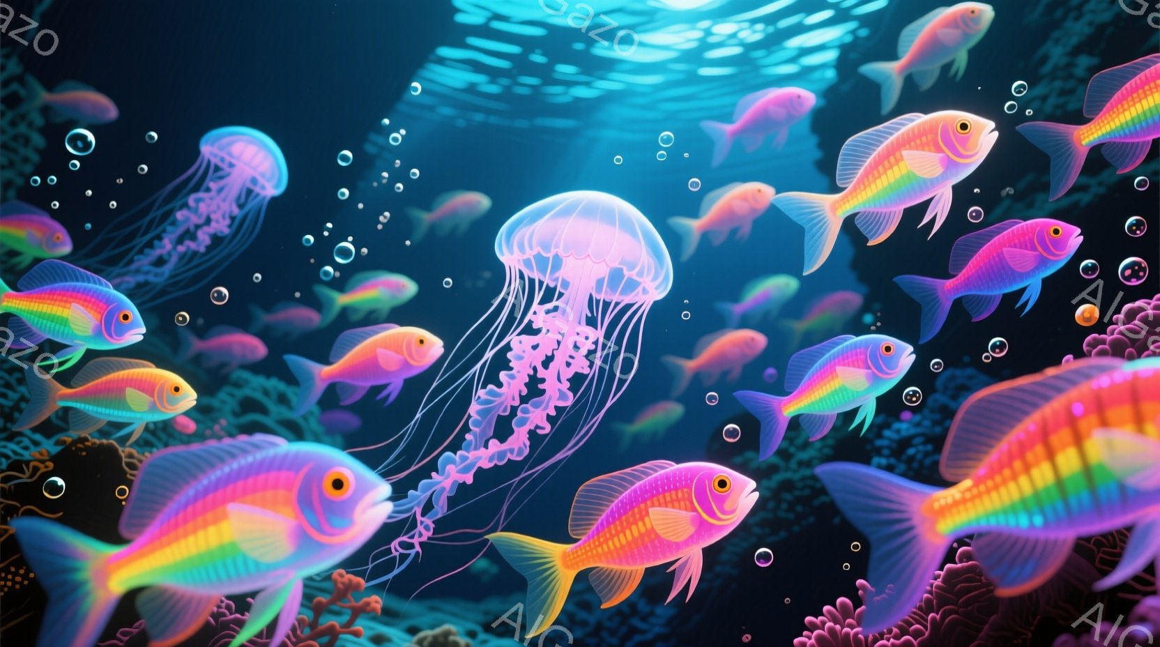 鮮やかな色彩の魚とクラゲが、暗い深海を漂う様子が描かれています。珊瑚礁が海底に広がり、水中に気泡が舞い、幻想的な雰囲気を醸し出しています。魚たちは虹色に輝き、クラゲは薄紫色の光を放ち、まるで水中パーティーのような賑やかさです。