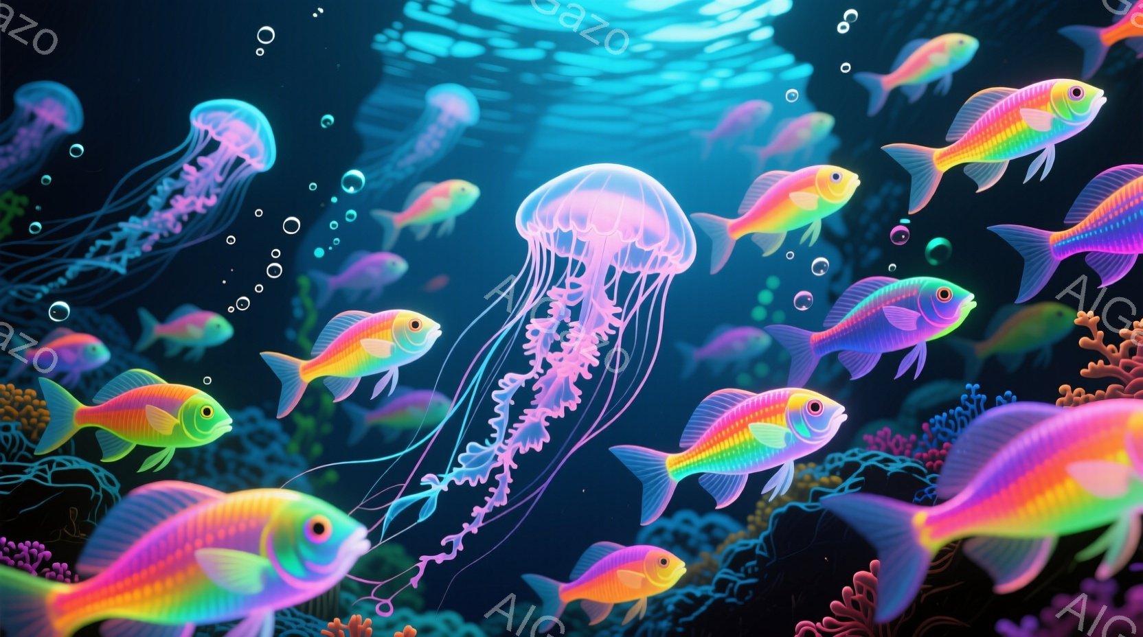 鮮やかな色彩の魚やクラゲが、深海の暗闇を照らしている様子が描かれています。背景には珊瑚礁が広がり、水中に漂う泡が幻想的な雰囲気を醸し出しています。全体的に、ネオンカラーが強調された、神秘的で美しい海底世界の光景です。