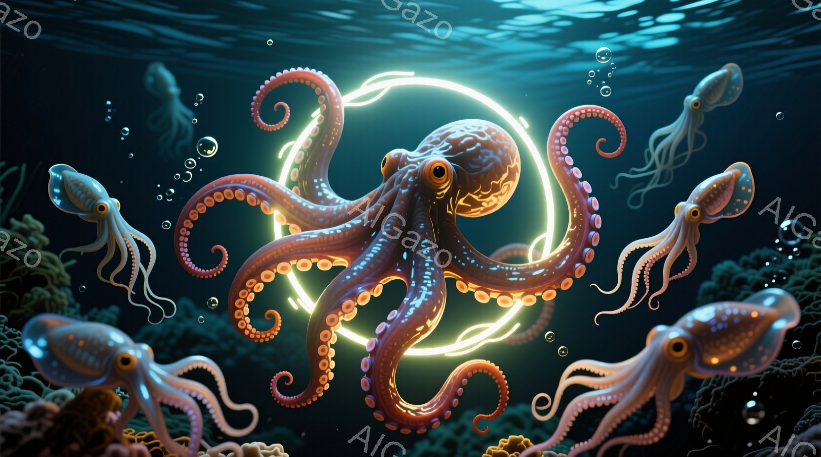 深い青色の海中に、複数の小さなタコが漂っている様子が描かれています。中心のタコは鮮やかな赤紫色で、光る円によって強調され、他のタコよりも大きく、より詳細に表現されています。背景には珊瑚礁が広がり、全体的に幻想的で神秘的な雰囲気を醸し出しています。