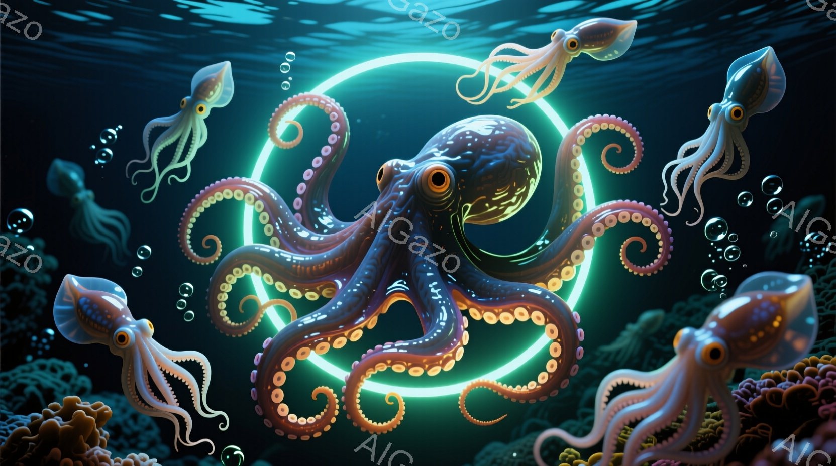 深い青色の海中に、複数の可愛らしいタコが浮かんでいます。中央の大きなタコはピンクと紫色のグラデーションで、蛍光グリーンの円に巻き付いており、他のタコたちは様々な方向に漂い、泡に囲まれています。背景には - AI生成フリー素材