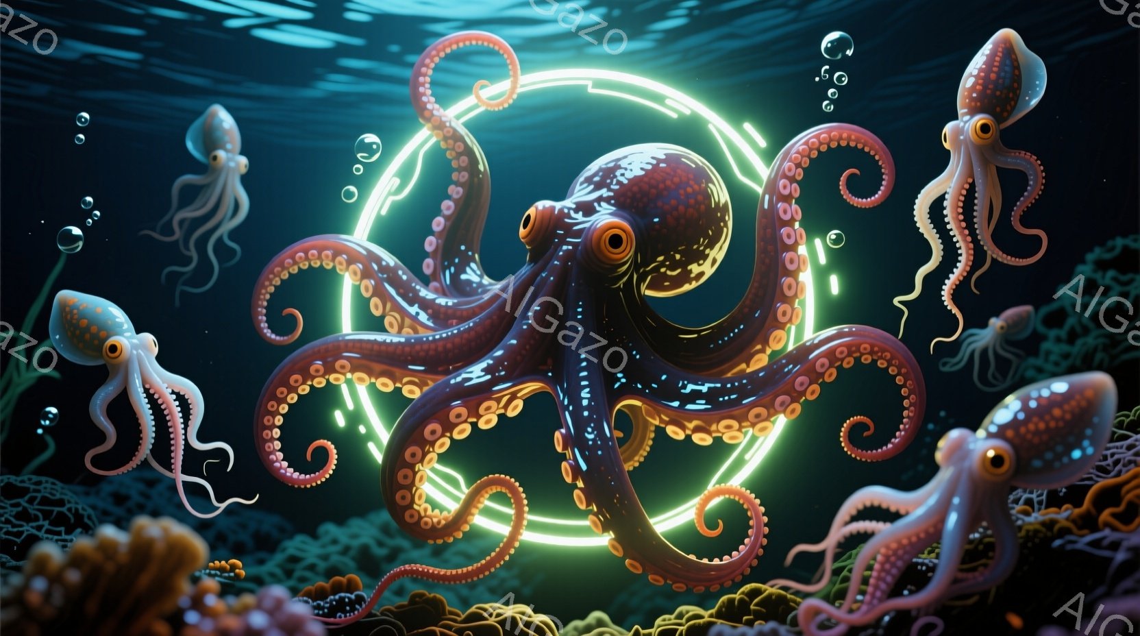 深い青色の海中に、複数のタコが浮かんでいる。中心には、触手を広げた大きな赤いタコが、緑色の光輪を背景に印象的に配置されている。周囲には、小さなタコたちが散らばり、サンゴ礁のような背景が、神秘的で幻想的な雰囲気を醸し出している。