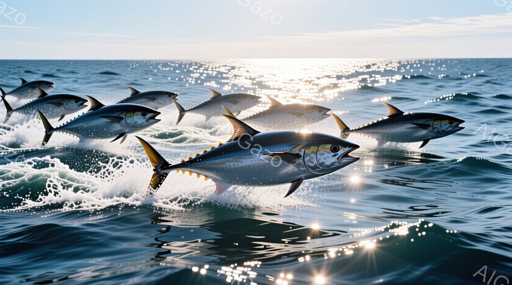 鮮やかな青色のマグロの群れが、太陽光が反射する波の上を勢いよく跳躍している様子が捉えられています。波は白く泡立ち、水面にはきらめく光が散りばめられており、躍動感に満ちたシーンを作り出しています。背景は - AI生成フリー素材