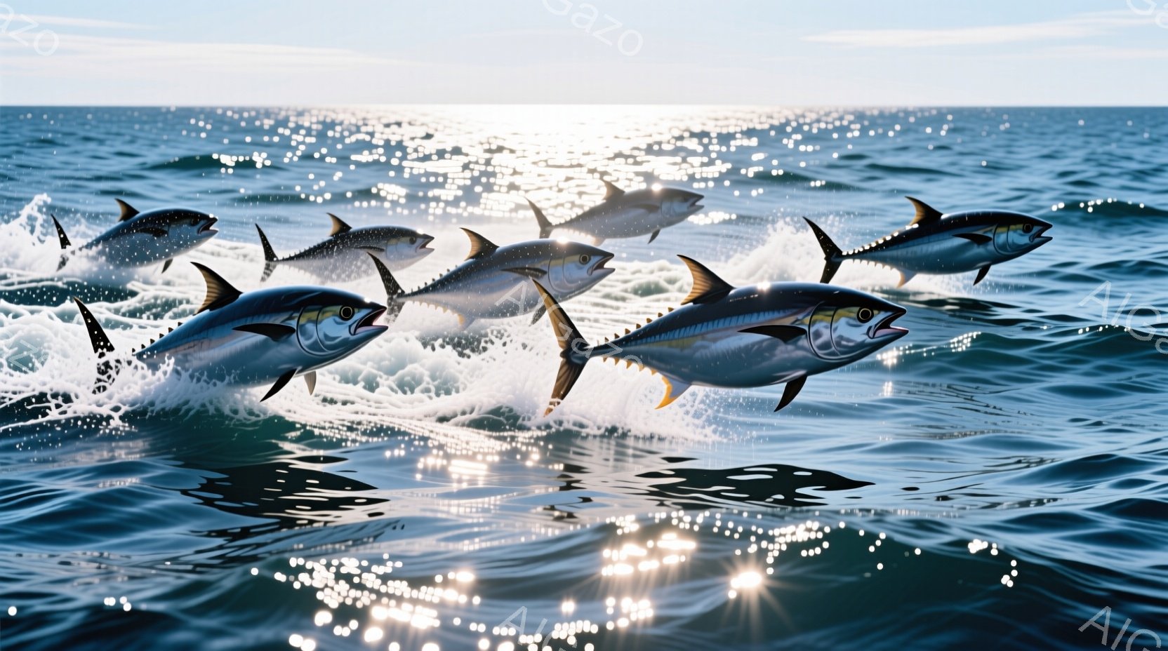 多数のマグロが水面から飛び跳ねる様子が捉えられています。太陽光が水面に反射し、キラキラと輝き、マグロの銀色の体が光を浴びて輝いています。背景は青い海と空で、活気に満ちた躍動感のある瞬間を切り取っていま - AI生成フリー素材