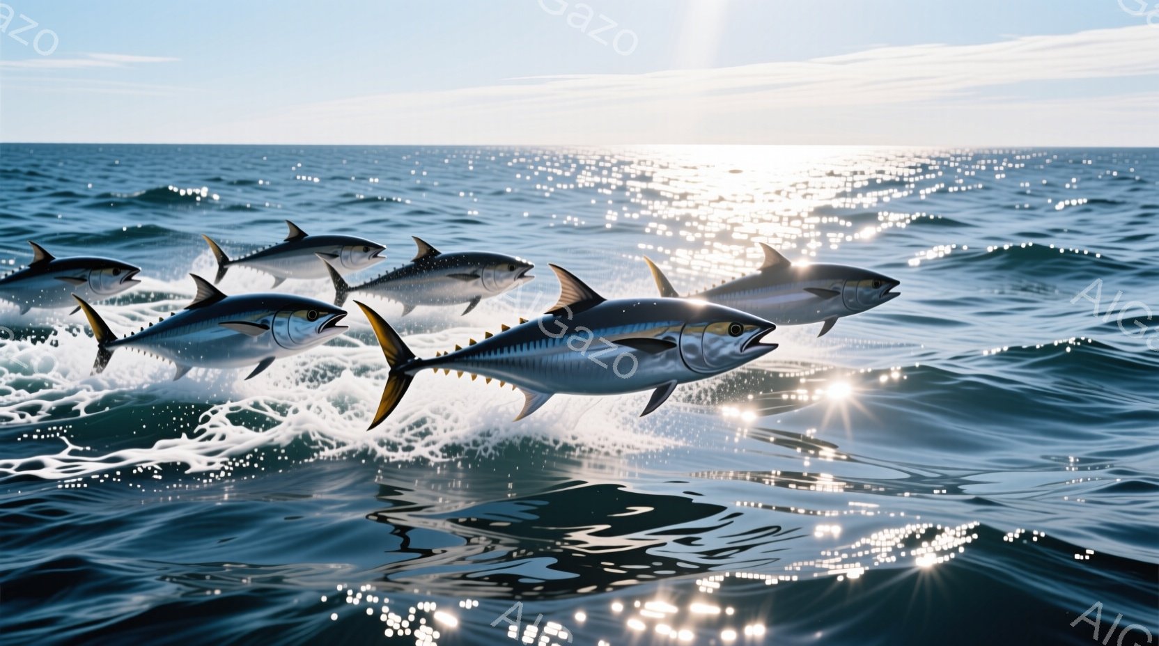 鮮やかな青色のマグロが複数、波しぶきを上げながら海面から飛び出している様子が捉えられています。太陽光が水面に反射し、キラキラと輝き、躍動感あふれる光景を作り出しています。背景には広大な海が広がり、晴天 - AI生成フリー素材