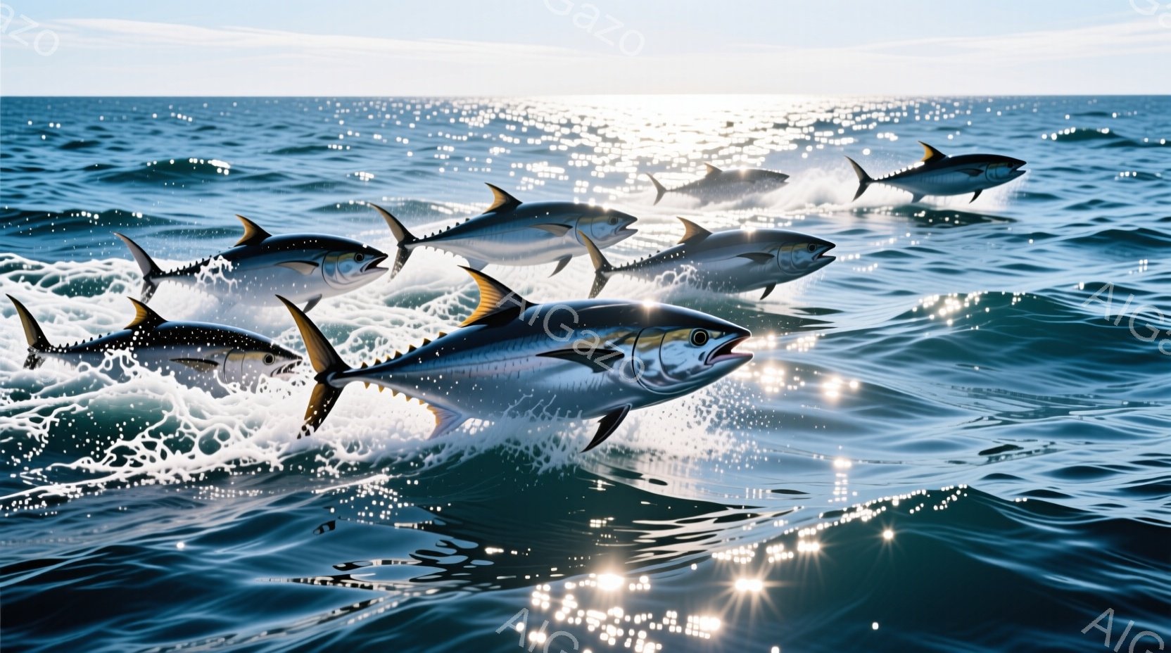 青い海面を高速で泳ぐ一群のマグロが写っている。太陽光が水面に反射し、キラキラと輝き、マグロの銀色の体に光が当たって美しいコントラストを生み出している。力強い推進力で水しぶきを上げながら泳ぐマグロたちの - AI生成フリー素材