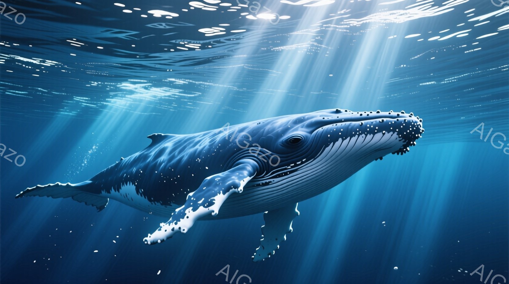 深い青色の海中で、大きなザトウクジラが優雅に泳いでいる。太陽光が水面から差し込み、クジラの体と鰭を照らし出し、幻想的な光の柱を作り出している。クジラの皮膚には白い斑点が散りばめられており、水中の透明な - AI生成フリー素材