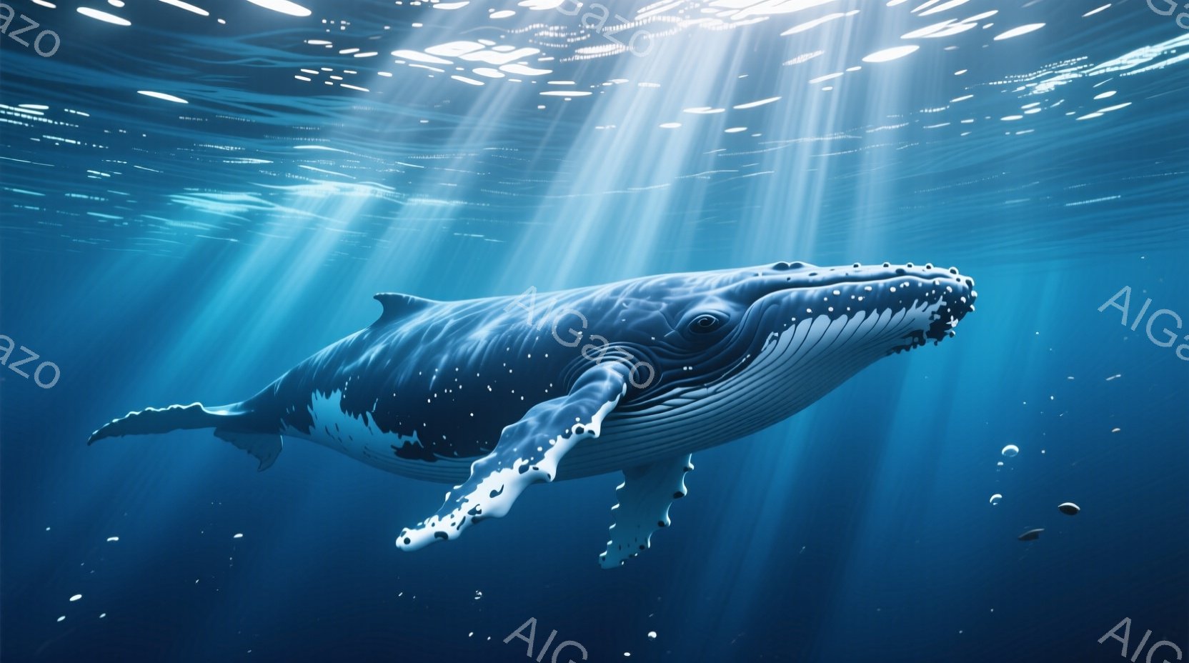 深い青色の海中に、巨大なシロナガスクジラが優雅に泳いでいる様子が捉えられています。クジラの体は、白とグレーの美しい模様で覆われ、水中の光を受けて輝いています。背景には、光の筋が差し込み、幻想的な雰囲気を醸し出しています。