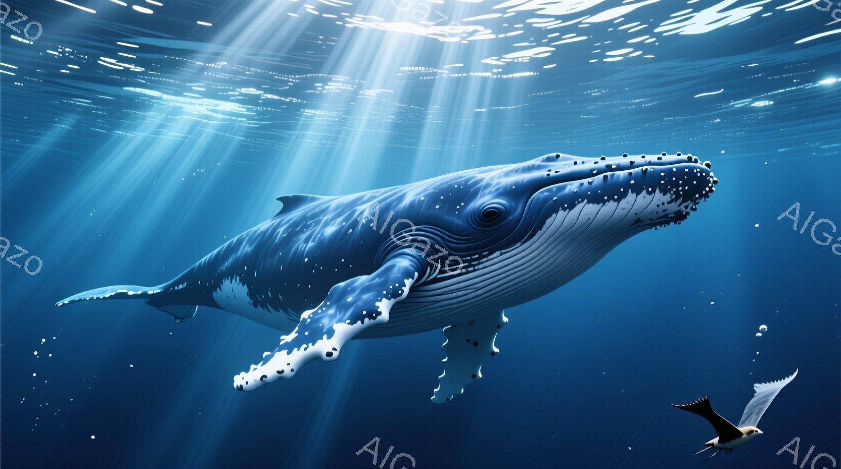 巨大なシロナガスクジラが青い海中を優雅に泳いでいる様子が捉えられています。光線が水面から差し込み、クジラの白く美しい腹部を照らし出しています。遠くには、海面近くを飛ぶ鳥が1羽おり、水中の神秘的な雰囲気 - AI生成フリー素材