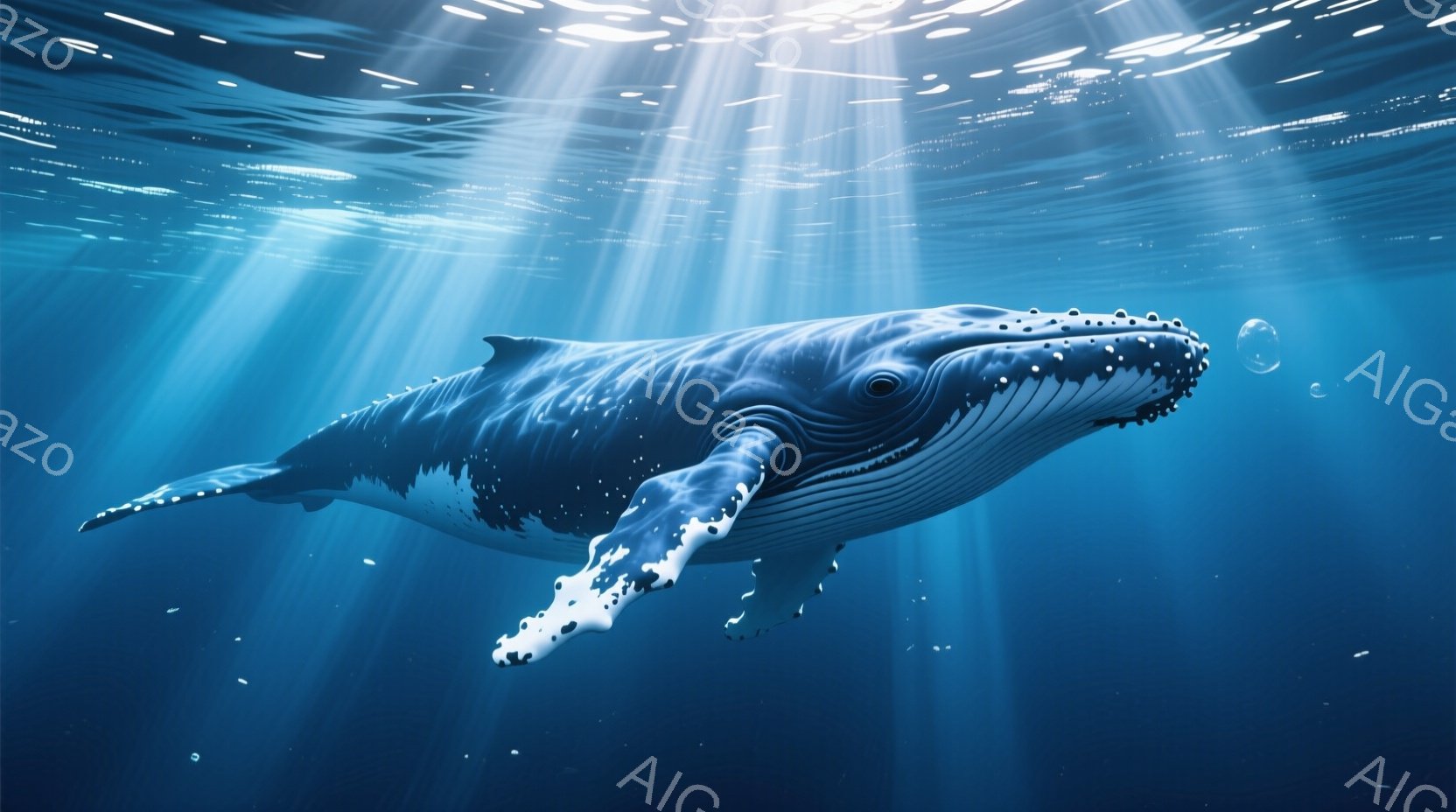 大型のブルーウェールシャークを中心とした海洋スキームです。シャークは緑青色の体に白い斑点があり、口から鰭を展開しています。水の中から息をつくように上昇している光線が画面全体を照らし、背景は深海の青色で、シャークが自由自在に運動できるような空間を表しています。