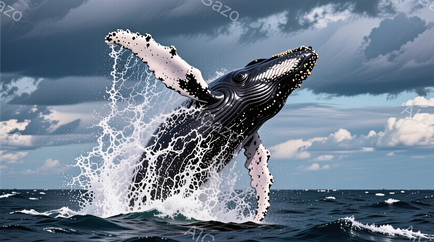 巨大なコクハククジラが海面から大きく飛び跳ね、水しぶきが四方八方に飛び散っている様子が捉えられている。空は曇り空で、暗い雲が広がり、海面は波立っている。躍動感と力強さを感じさせる、自然の壮大さを表現した一枚である。