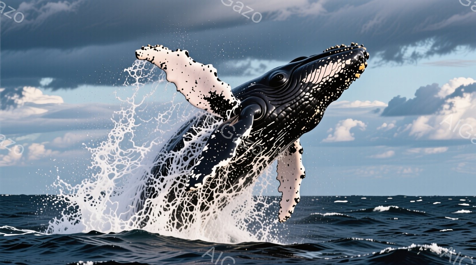 旅客船を見る眼があるような日本語の説明は次のようになります： 「大きな垂直フィンが立った鯨が、美しい水面から浮上して、海鳥を含む海のスプラッシュを払います。背景は灰色の雲と空に開けた青い日の出船の前で、旅客船が見えるような大きな水鳥の飛行機様の形状を持っています。」