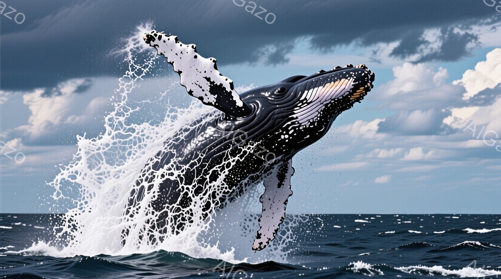 広大な海の中で、巨大なザトウクジラが水面から大きく飛び出している様子が描かれている。白く輝くお腹と胸びれが印象的で、周囲には水しぶきが飛び散り、躍動感あふれる瞬間を捉えている。背景には、曇り空と荒々し - AI生成フリー素材
