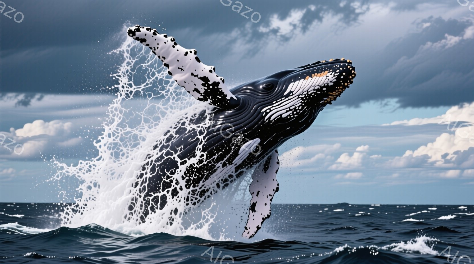 巨大なザトウクジラが海面から力強く跳躍し、水しぶきが四方八方に飛び散っている様子が描かれている。クジラは黒と白の模様を持ち、躍動感あふれる姿勢で、まるで空を舞っているかのようだ。背景には、薄暗い雲と荒々しい海が広がり、力強い自然のエネルギーを感じさせる。