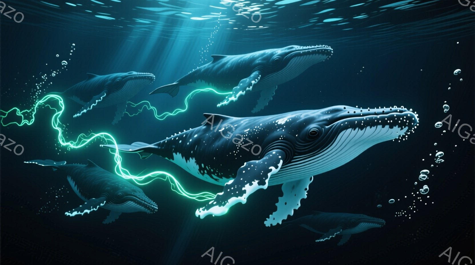 暗い深海を背景に、数匹のクジラが神秘的な光を放ちながら泳いでいる。クジラの体は深い青色で、白い模様が特徴的であり、一部が発光しているように見える。周りには小さな泡が舞い上がり、幻想的な雰囲気を醸し出している。