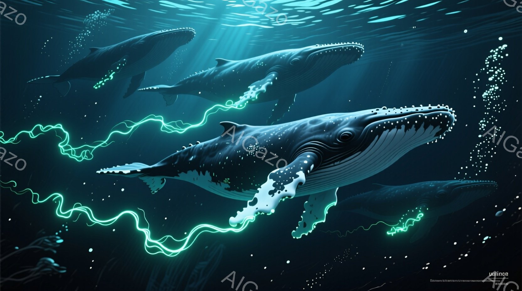 深い青色の海中を、2頭のザトウクジラが優雅に泳いでいる様子が描かれている。クジラの周りには、光る緑色のエネルギーのようなものが流れ出し、水中に泡が漂っている。全体的に神秘的で幻想的な雰囲気を醸し出して - AI生成フリー素材