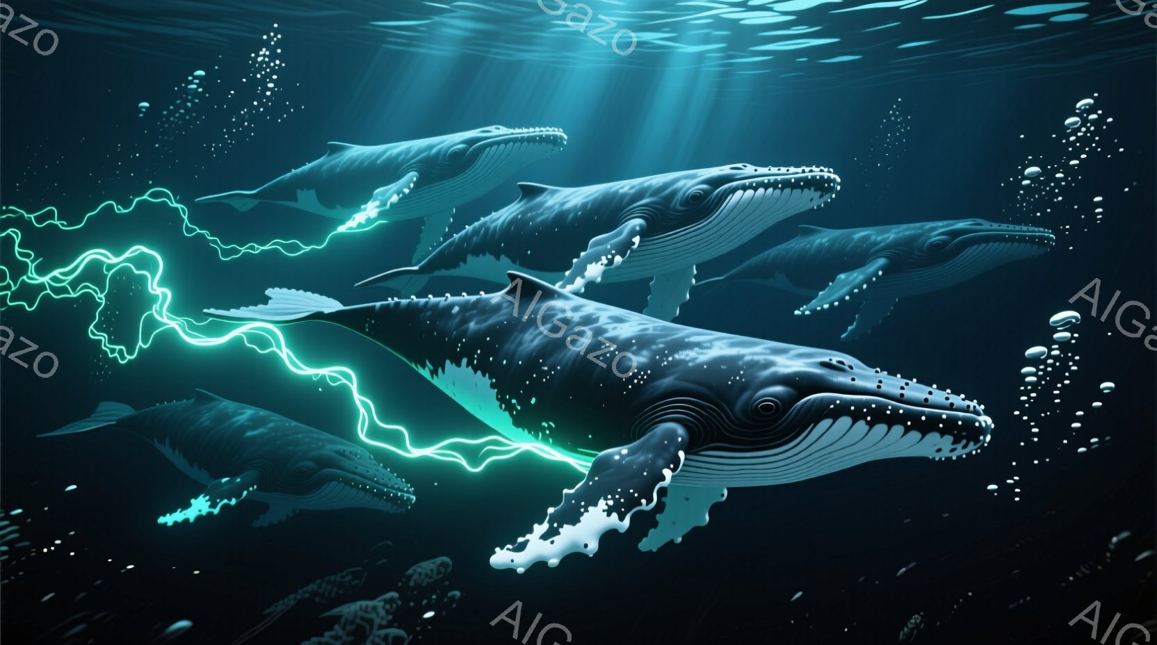 深い青色の海中に、複数のクジラが群れをなして泳いでいる様子が描かれている。一部のクジラからは、鮮やかな緑色の光の線が流れ出し、幻想的な雰囲気を醸し出している。背景は暗く、水の粒子が漂い、深海の神秘的な空間を表現している。