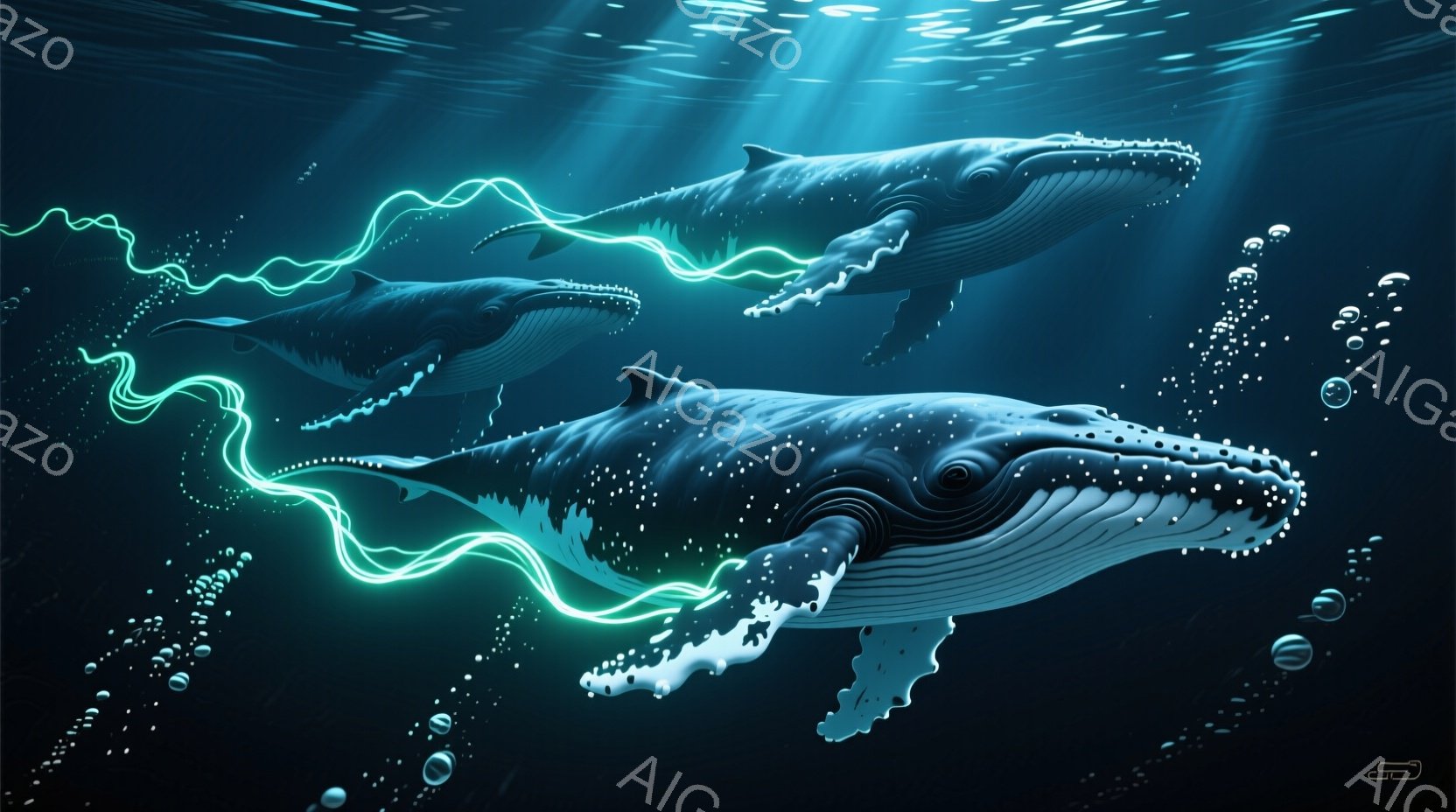 深い青色の海中に、2匹の巨大なクジラが描かれています。クジラの体は光る青いエネルギーで結ばれ、まるで母子のような繋がりを表現しています。背景には水面の光が差し込み、泡が漂うことで、神秘的で静謐な海底世界を演出しています。