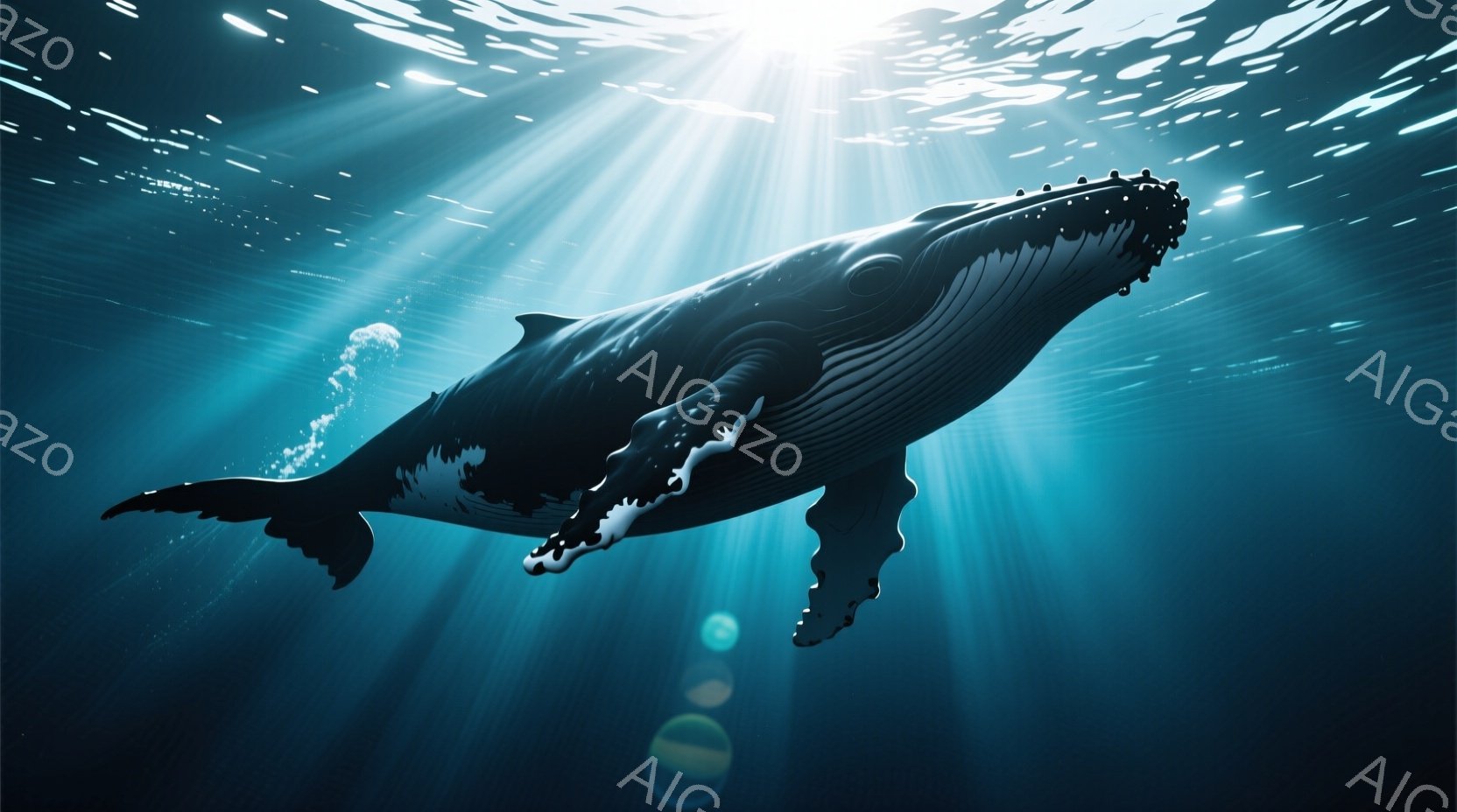 深青色の海中に巨大なザトウクジラが悠々と泳いでいる。光線が水面から差し込み、クジラの体を照らし出し、その滑らかな曲線と力強いシルエットを際立たせている。水中の粒子や泡が漂い、幻想的で神秘的な雰囲気を醸し出している。