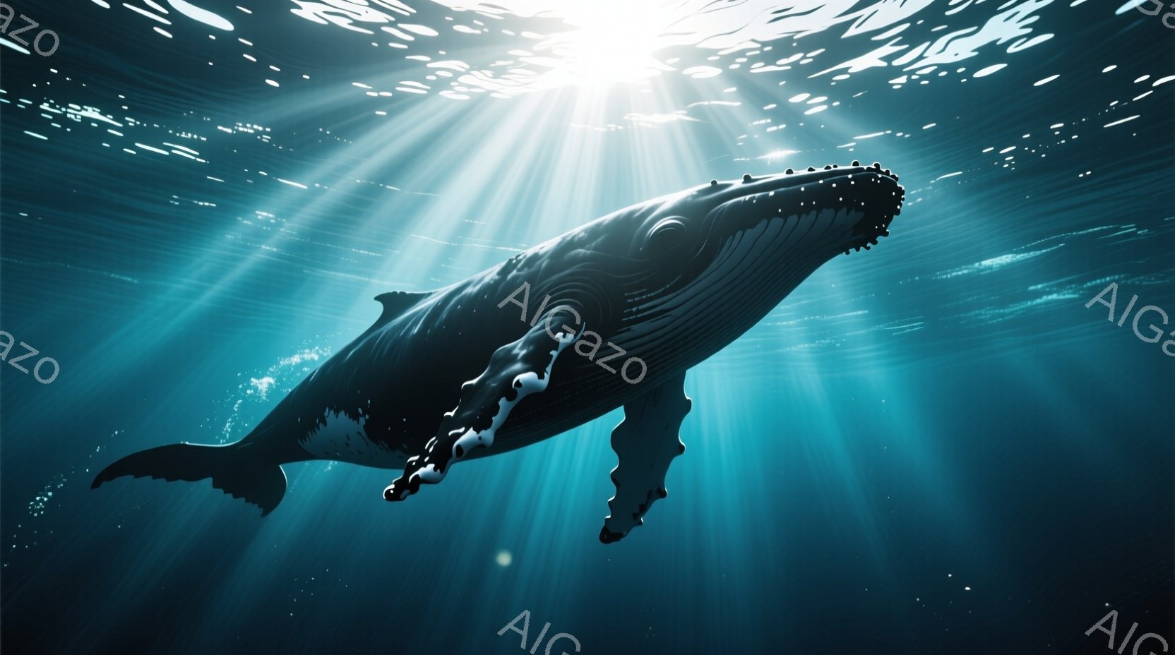 深い青色の海中に、大きなザトウクジラが優雅に泳いでいる姿が捉えられています。光線が水面から差し込み、クジラの体表に美しい輝きを与え、神秘的な雰囲気を醸し出しています。背景は水中に漂うプランクトンや光の筋で満たされ、静かで穏やかな世界観を作り出しています。