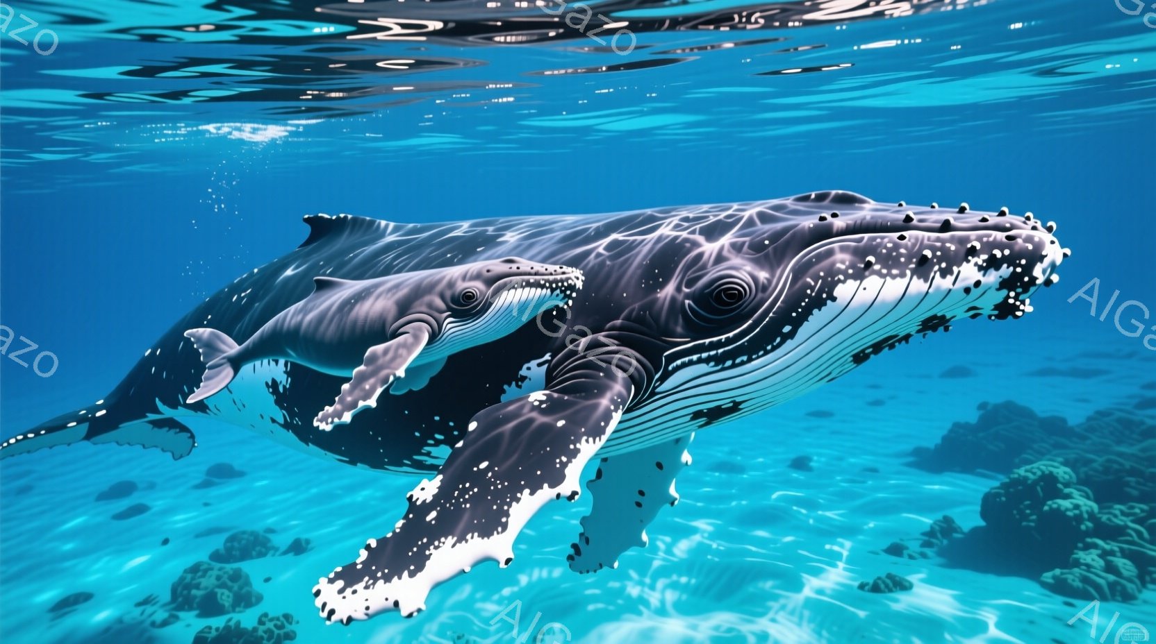 巨大なコグモクグジラと、その子グジラが青い海中を優雅に泳いでいる様子が描かれている。子グジラは母グジラのそばを寄り添い、安心した様子で遊んでいる。背景には岩礁が見え、太陽光が差し込み、海中が明るく照らされている、穏やかで神秘的な雰囲気が漂っている。