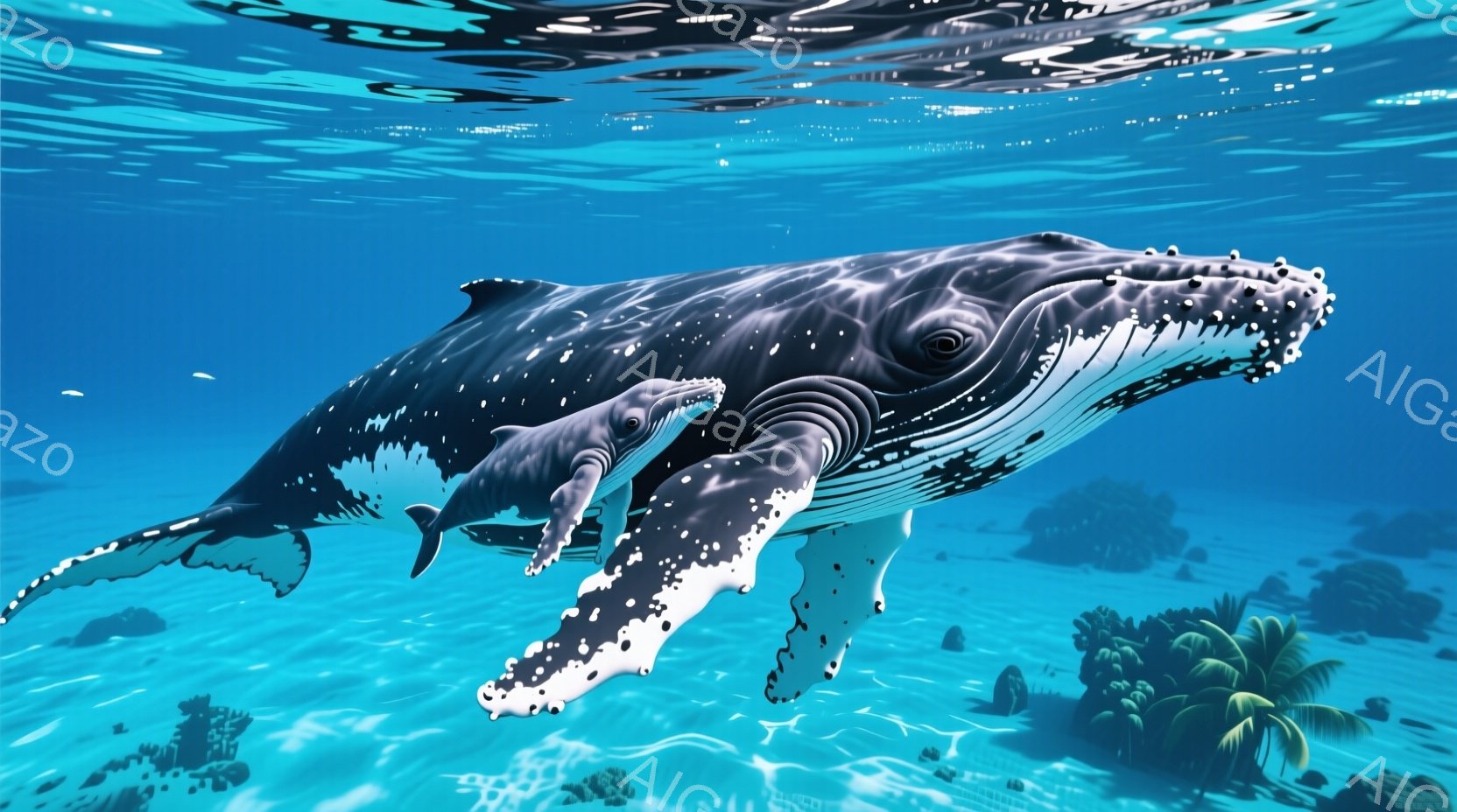 巨大なザトウクジラが、小さな子クジラを連れて青い海中を泳いでいる。クジラたちは体を横にしており、周囲にはサンゴ礁や海藻が見られ、穏やかで静かな海中の雰囲気が漂っている。光が差し込み、水中に幻想的な光の筋が伸びている。