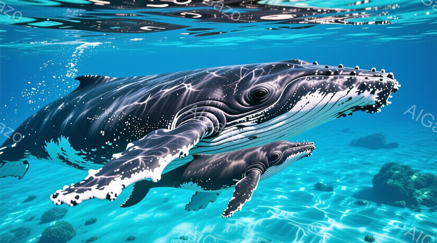 鮮やかなターコイズブルーの海中に、大きなザトウクジラとその子供が優雅に泳いでいる様子が捉えられています。クジラたちは、滑らかな曲線を描きながら、リラックスした姿勢で海中を漂い、周囲の岩や砂利の海底を背景に、穏やかで平和な雰囲気を醸し出しています。太陽光が差し込み、水中の光と影が美しいコントラストを生み出しています。