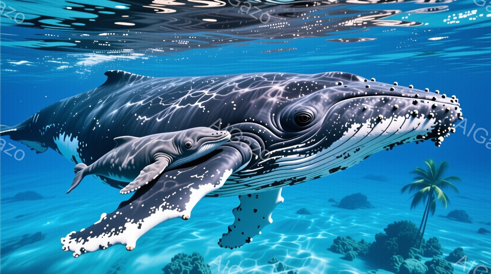 巨大なシロナガスクジラが、小さな子クジラをそばに連れて、青い海中を悠々と泳いでいる。背景には、サンゴ礁やヤシの木が見え、穏やかで平和な雰囲気を醸し出している。水面からは光が差し込み、海中の世界を明るく - AI生成フリー素材