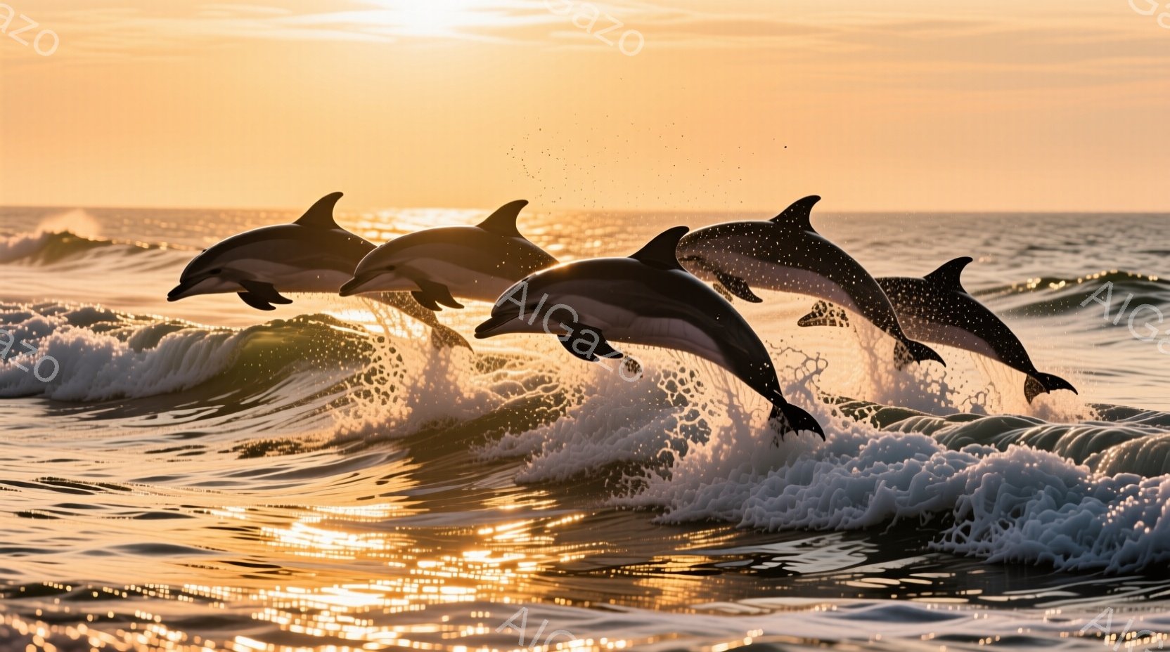 鮮やかな夕焼けを背景に、波の中を飛び跳ねるイルカたちが写っている。波は白く泡立ち、イルカたちの躍動感と夕日の暖かさが相まって、活気あふれる雰囲気を醸し出している。夕焼けの光が海面を金色に染め上げ、幻想的な光景を作り出している。