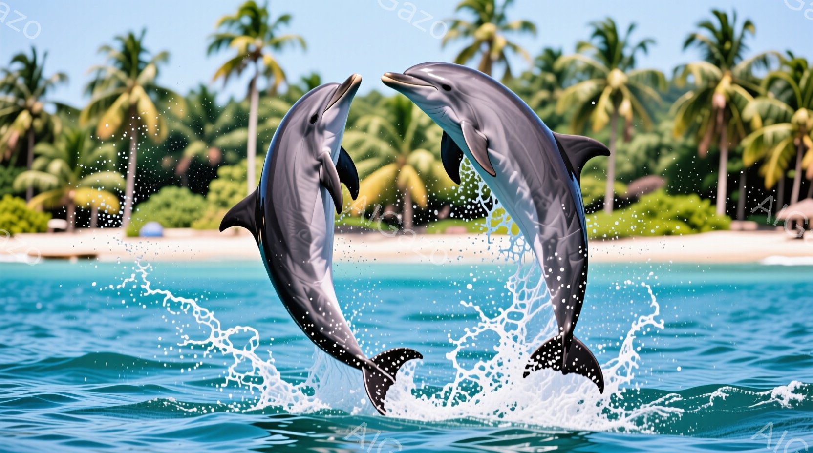 ターコイズブルーの海中で、2匹のイルカが躍動的にジャンプしている様子が捉えられています。水しぶきが飛び散り、イルカの滑らかなシルエットと躍動感が強調されています。背景には白い砂浜とヤシの木々が並び、晴れた空が広がり、穏やかで熱帯の雰囲気を醸し出しています。