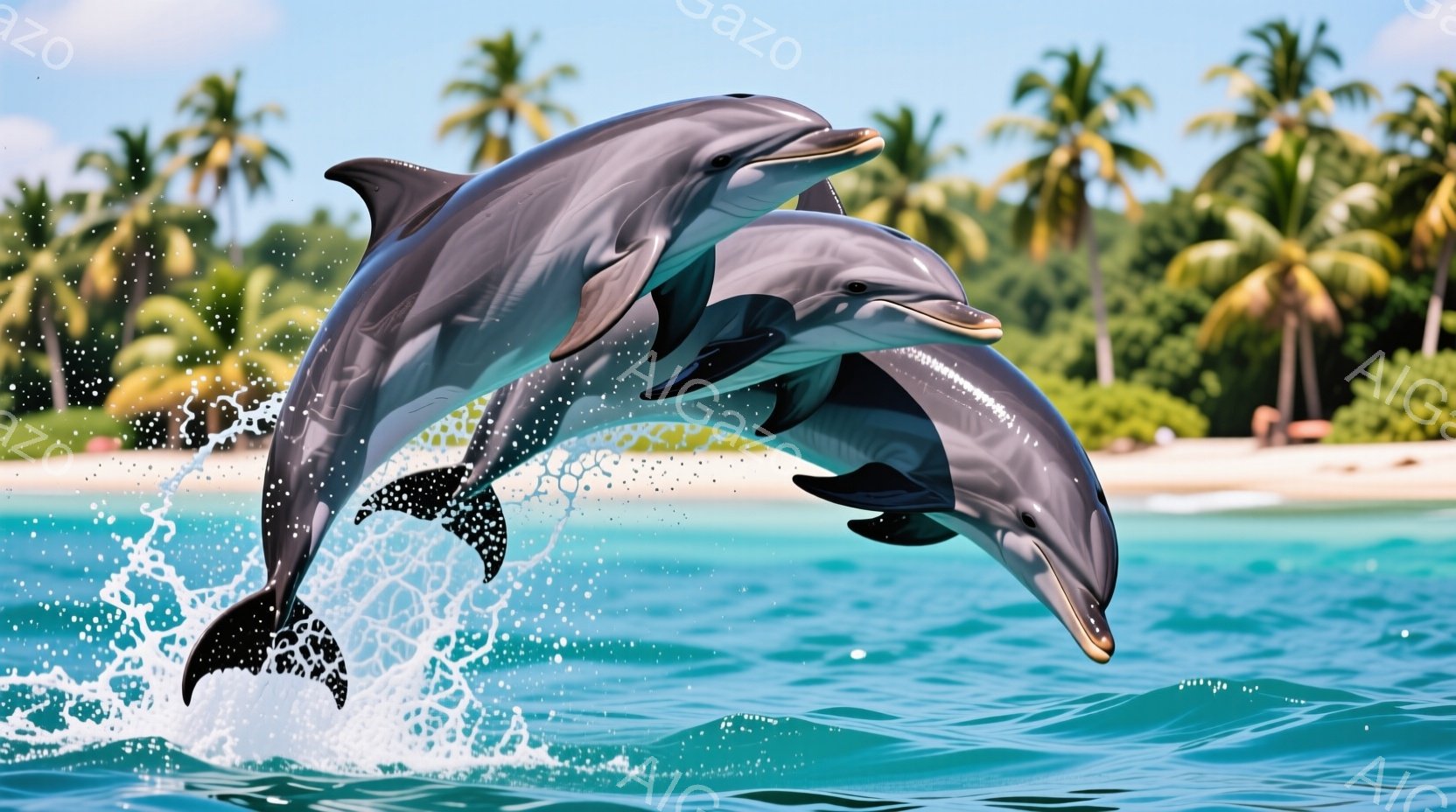 ターコイズブルーの海で、2匹のイルカがダイナミックに跳躍している様子が捉えられています。波しぶきを上げながら、片方のイルカがもう片方のイルカの上を飛び越え、活気に満ちた瞬間を切り取っています。背景には白い砂浜とヤシの木々が広がり、晴天の下、穏やかで熱帯的な雰囲気を醸し出しています。