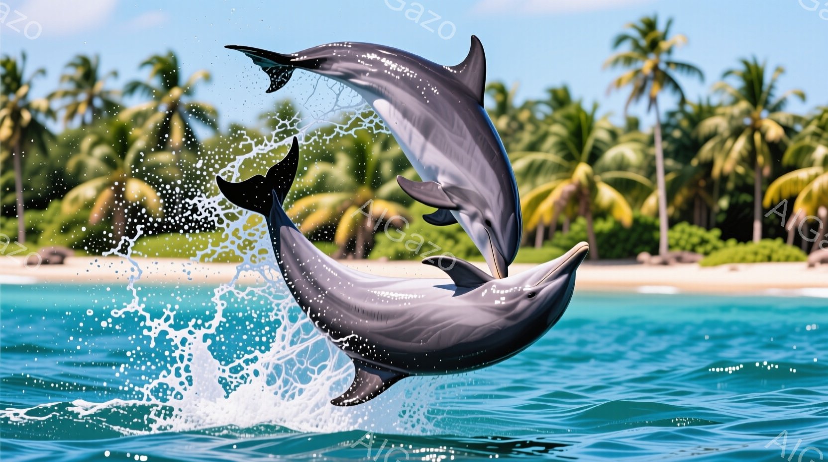 2匹のイルカが青い海中で躍動しています。片方のイルカは大きく弧を描きながらジャンプし、もう片方のイルカは体全体を海中に向け、躍動感あふれる姿を見せています。背景には白い砂浜とヤシの木々が広がり、晴天の穏やかな雰囲気が漂っています。