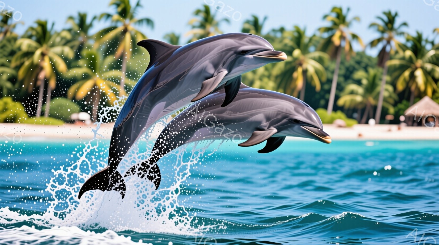 鮮やかなターコイズブルーの海で、2匹のイルカが躍動的に飛び跳ねています。水しぶきが太陽の光を浴びてキラキラと輝き、イルカの滑らかな曲線と力強い姿勢が印象的です。背景には白い砂浜とヤシの木々が広がり、南国リゾートのような穏やかで平和な雰囲気を醸し出しています。